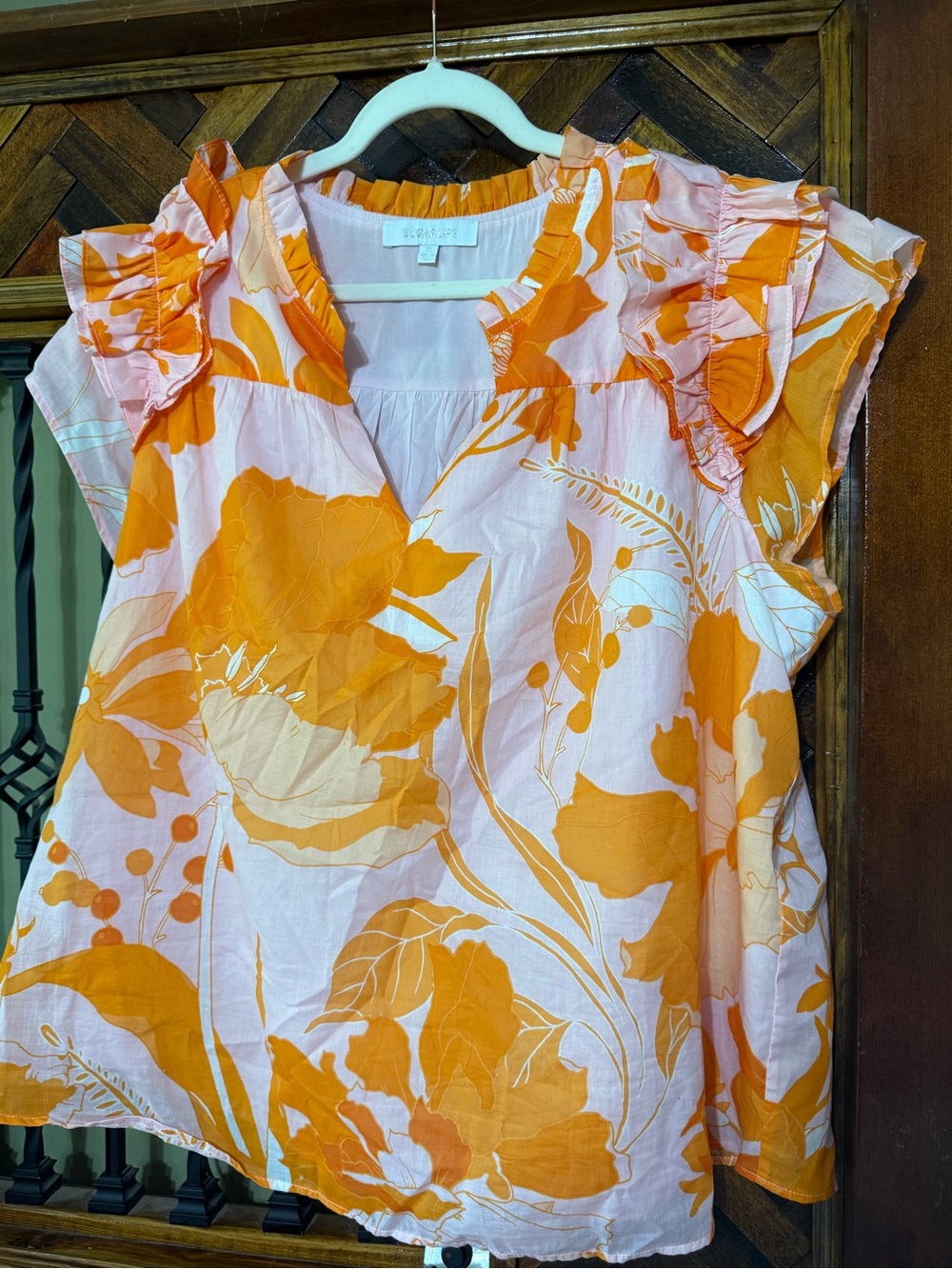 Sugarlips Orange Floral Ruffle-Sleeve Blouse